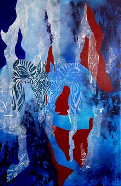 Original painting and collage, two blue horses, blue and red tone