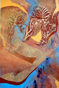 Original painting, collage, two horses playing, surrounded by plants