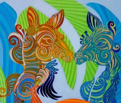 Original painting, collage, two kangaroos kissing, orange, bleu, green tone