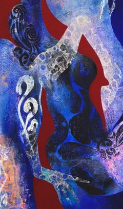 Original painting, diptyque with two women, horses and plants, colorful