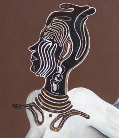 Original painting, nude, woman flying with mask, goddess like