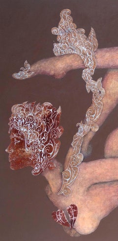 Original painting, nude, woman flying with mask, goddess like