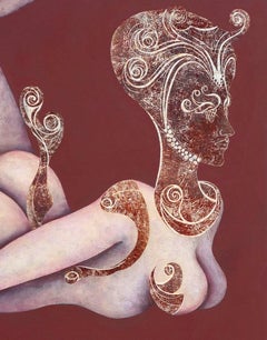 Original painting, nude, woman flying with mask, goddess like