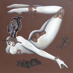 Original painting, nude, woman flying with mask, goddess like