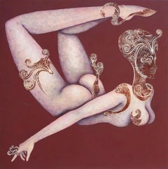 Original painting, nude, woman flying with mask, goddess like