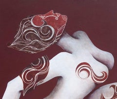 Original painting, nude, woman standing on her leg, with mask, goddess like