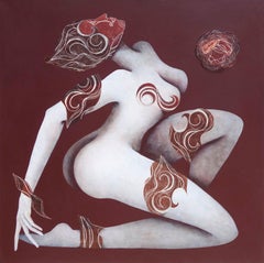 Original painting, nude, woman standing on her leg, with mask, goddess like