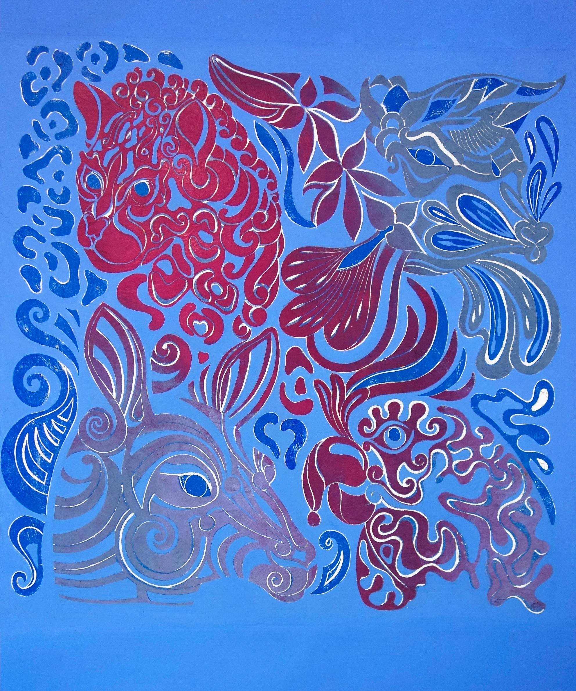 Aima Saint Hunon Animal Art - Original print painted, kangaroo, parrot, ocelot, blue, red and grey tone