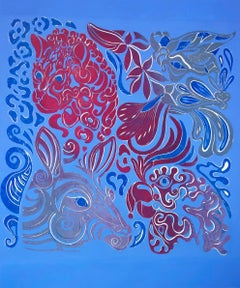 Original print painted, kangaroo, parrot, ocelot, blue, red and grey tone