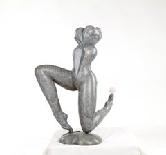Original bronze sculpture, nude, woman on her knees, semi precious stone