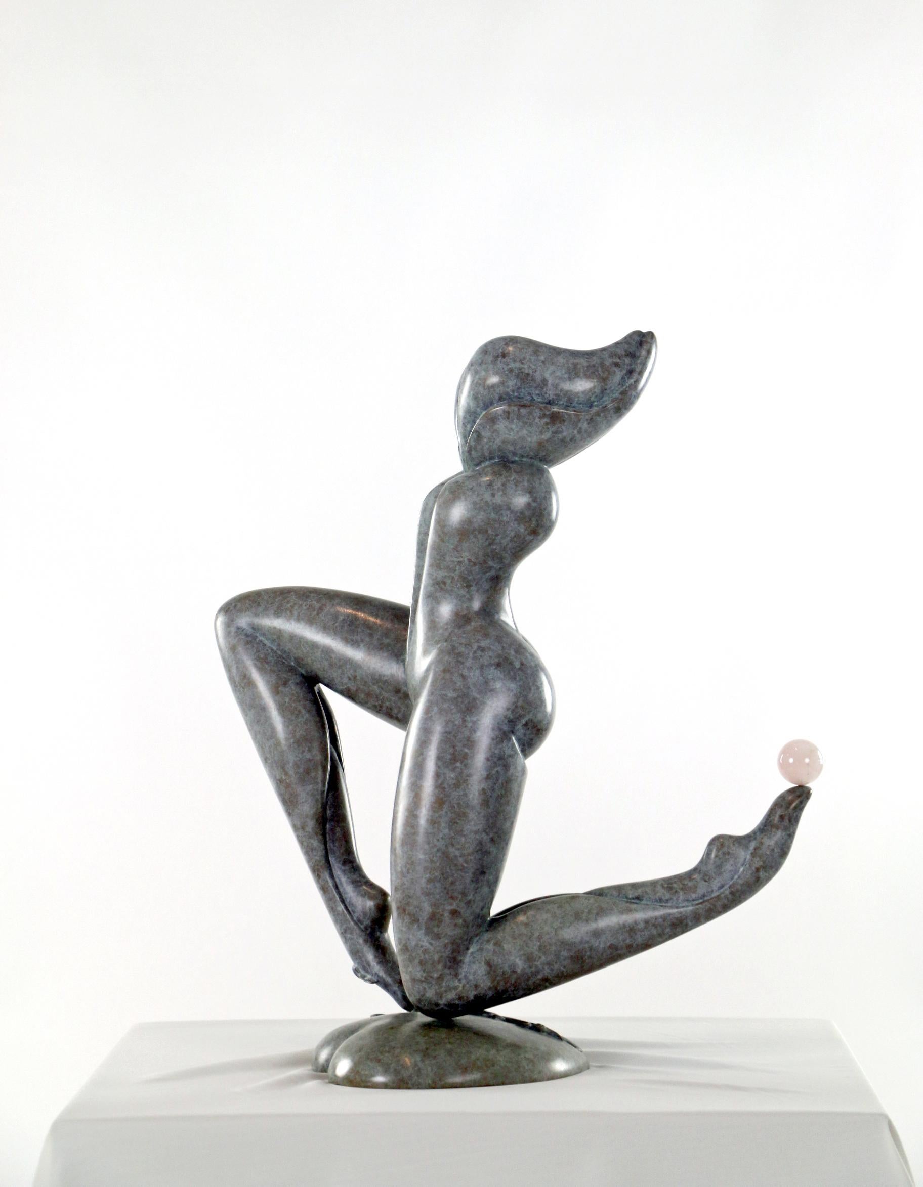 Aima Saint Hunon Nude Sculpture - Original bronze sculpture, nude, woman on her knees, semi precious stone