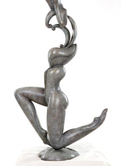 Original bronze sculpture, two nudes woman, acrobatic pose, wrapped with flowers