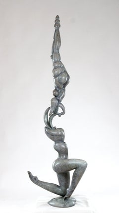 Original bronze sculpture, two nudes woman, acrobatic pose, wrapped with flowers