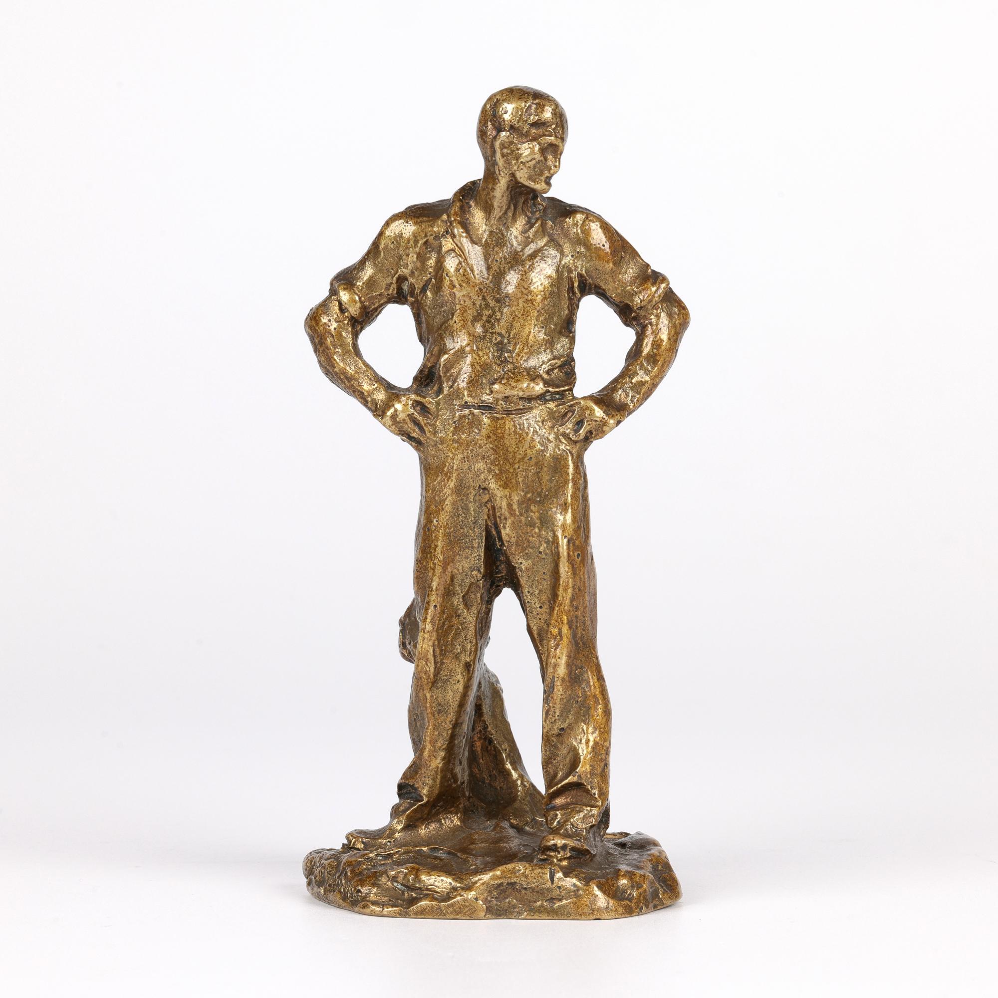19th Century Aime Jules Dalou French Gilt Bronze Figure of a Resting Worker For Sale