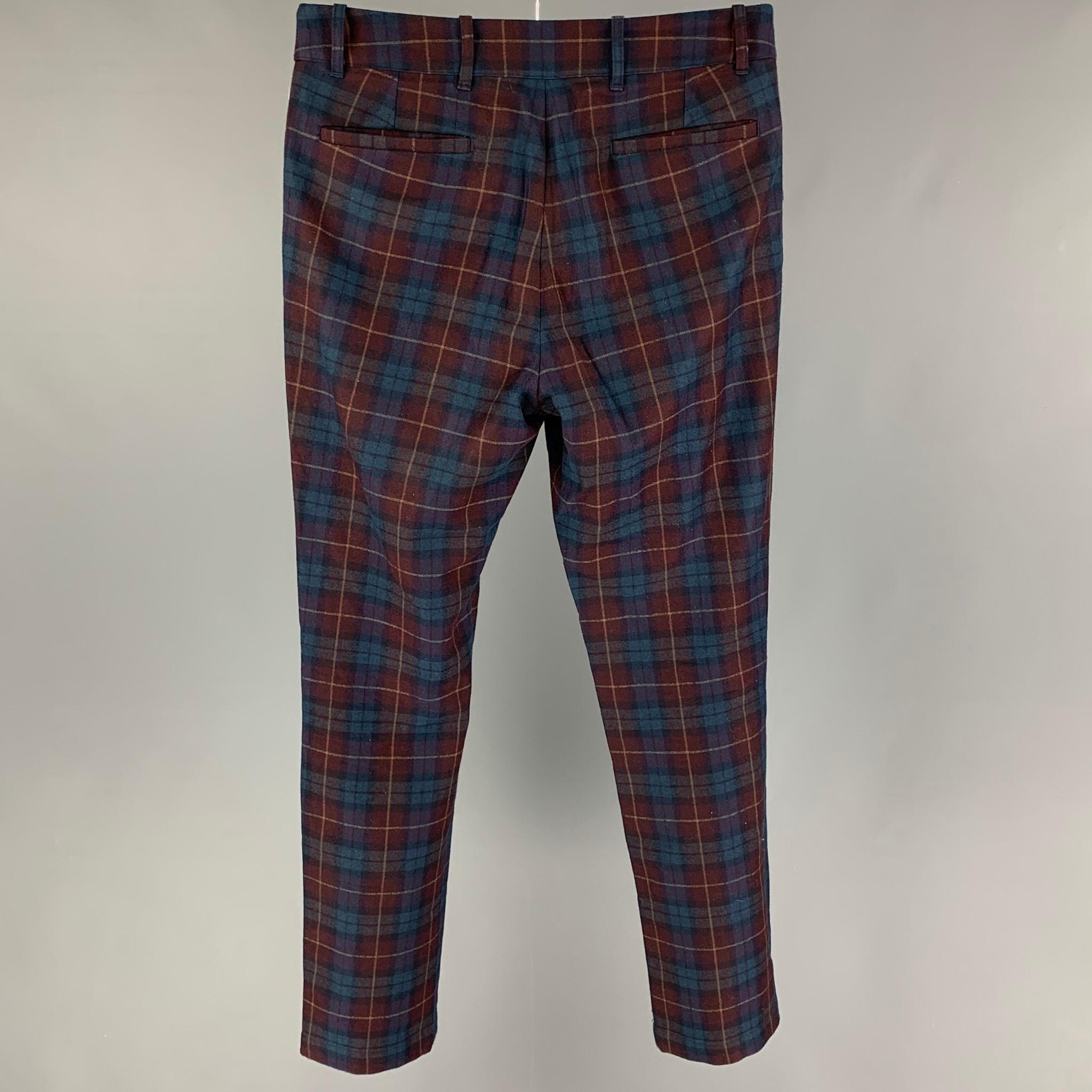 AIME LEON DORE dress pants comes in a navy & burgundy wool / cotton featuring a slim fit, pleated,and a zip fly closure. Made in USA. 

Very Good Pre-Owned Condition.
Marked: Size tag removed

Measurements:

Waist: 32 in.
Rise: 10.5 in.
Inseam: 31