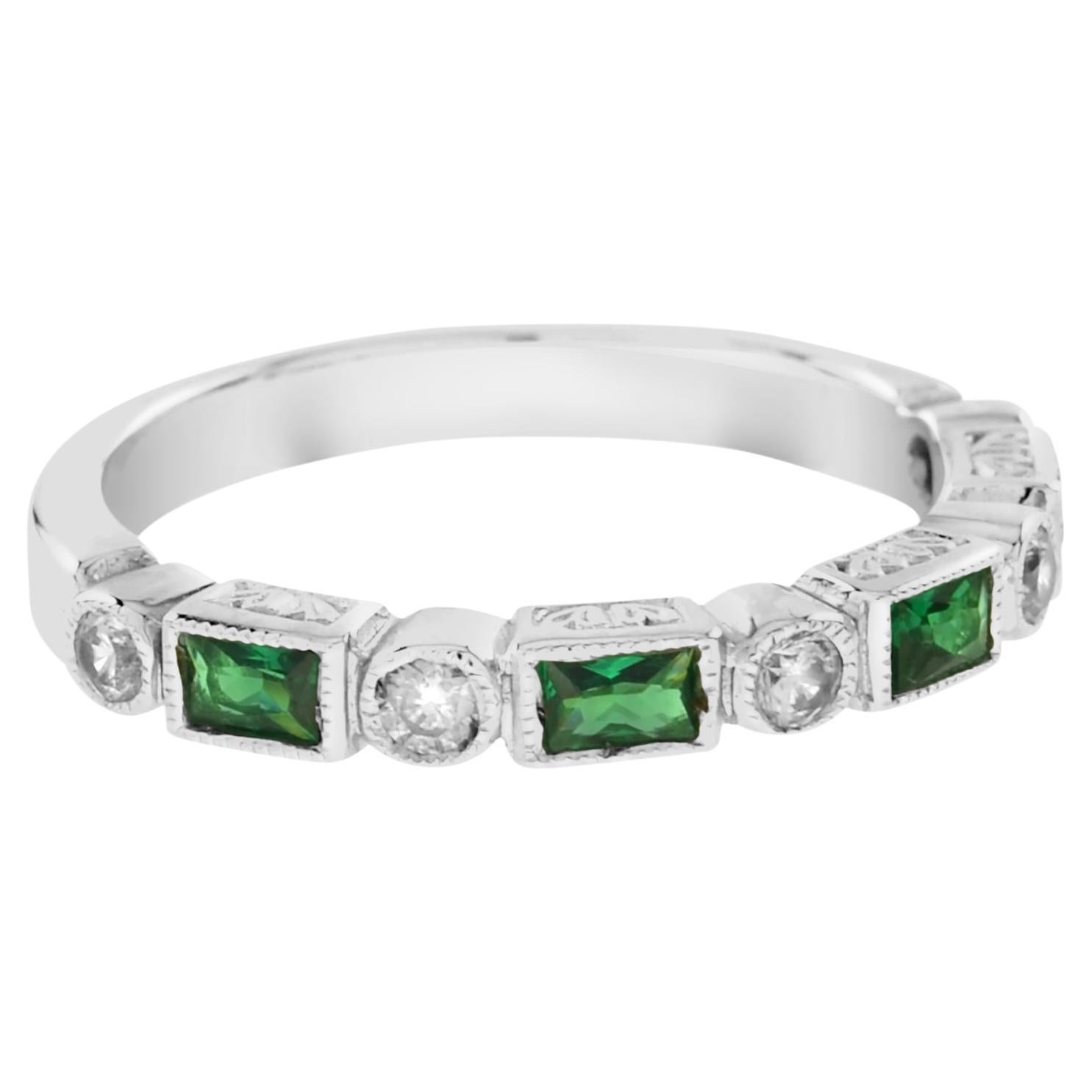 Aimée Alternate Emerald and Round Diamond Half Eternity Ring in 18K White Gold 