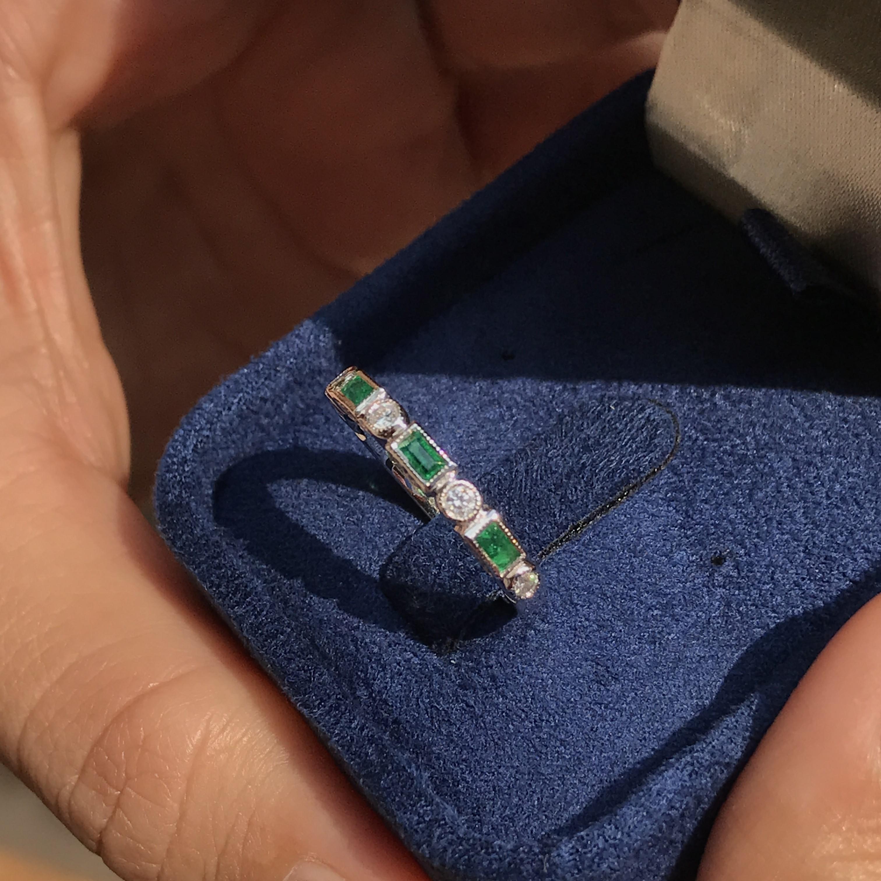 For Sale:  Aimée Alternate Emerald and Round Diamond Half Eternity Ring in 18K White Gold  2