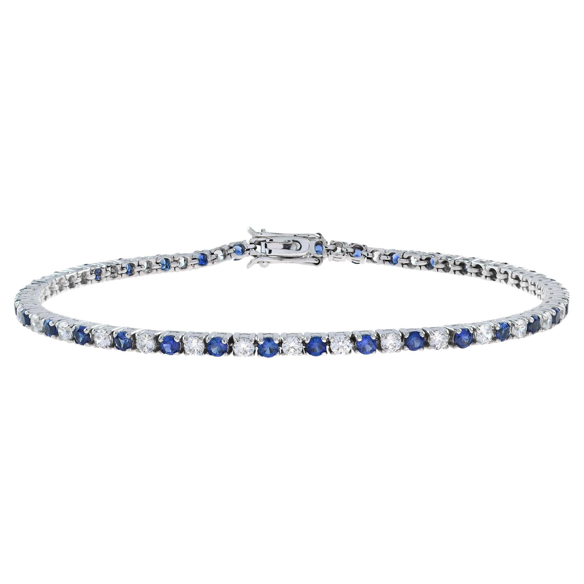 Round Sapphire and Diamond Classic Tennis Bracelet in 18K White Gold For Sale