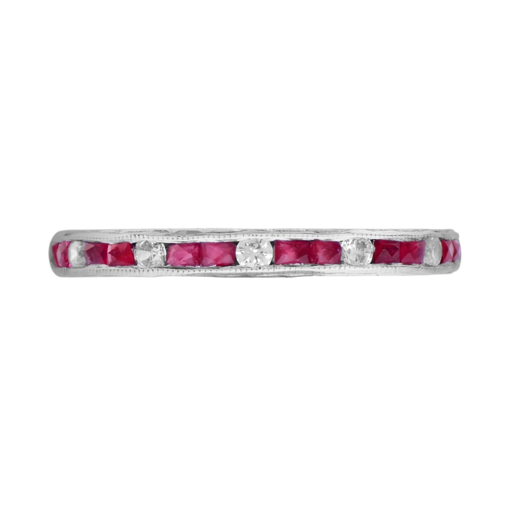 For Sale:  Alternating Double Ruby and Diamond Eternity Ring in 14K White Gold 3