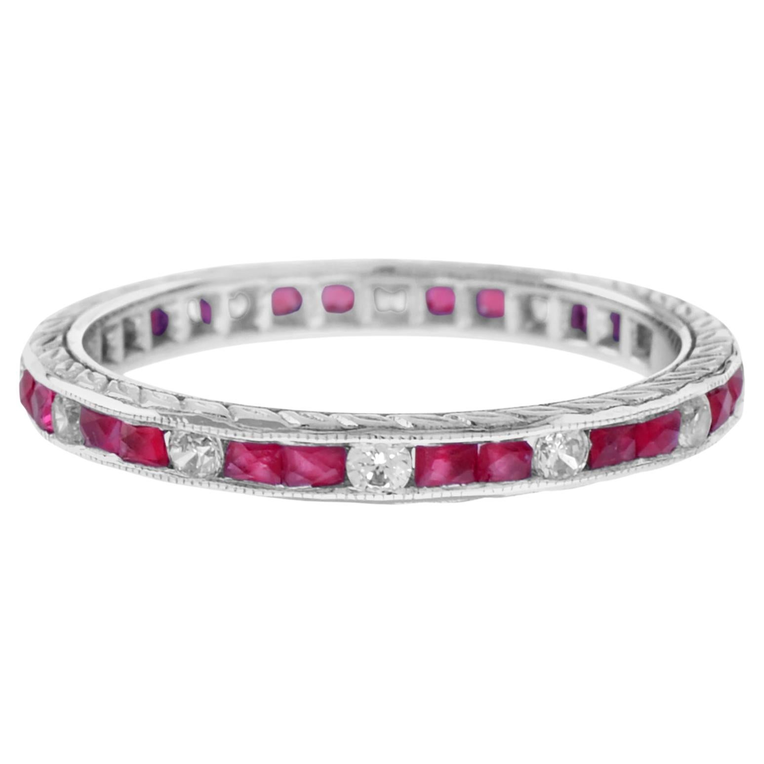 For Sale:  Alternating Double Ruby and Diamond Eternity Ring in 14K White Gold