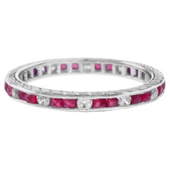 Vintage Alternating Double Ruby and Diamond Eternity Ring in 14K White Gold