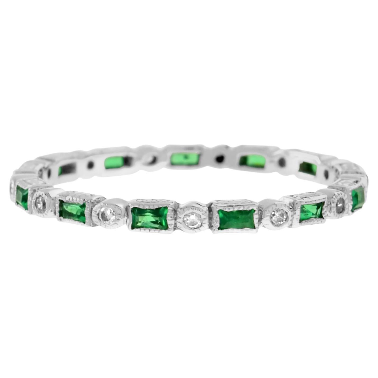 Art Deco Alternate Emerald and Diamond Eternity Band Ring in 14K White Gold