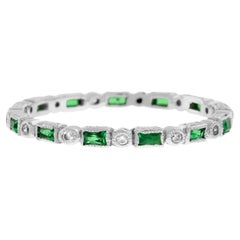Art Deco Alternate Emerald and Diamond Eternity Band Ring in 14K White Gold