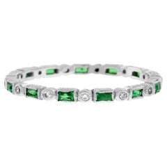 Art Deco Alternate Emerald and Diamond Eternity Band Ring in 14K White Gold