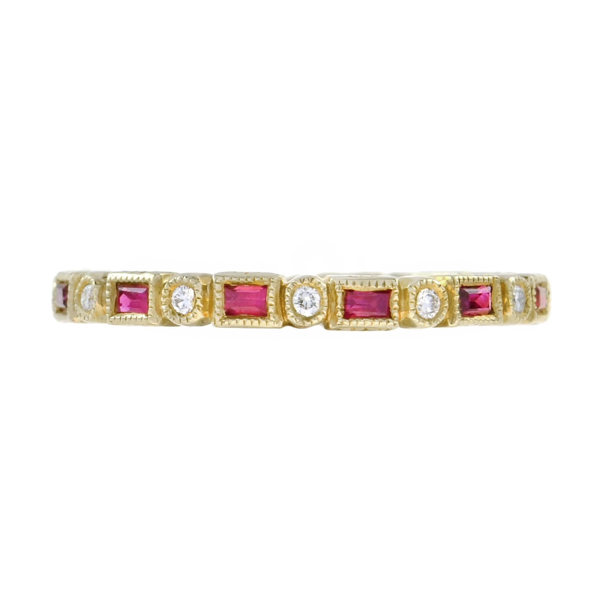 For Sale:  Art Deco Style Alternate Ruby and Diamond Eternity Ring in 10K Yellow Gold 3