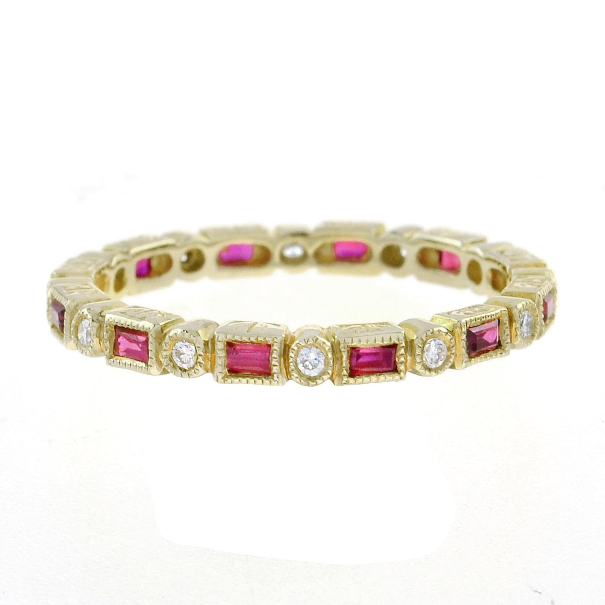For Sale:  Art Deco Style Alternate Ruby and Diamond Eternity Ring in 10K Yellow Gold 4
