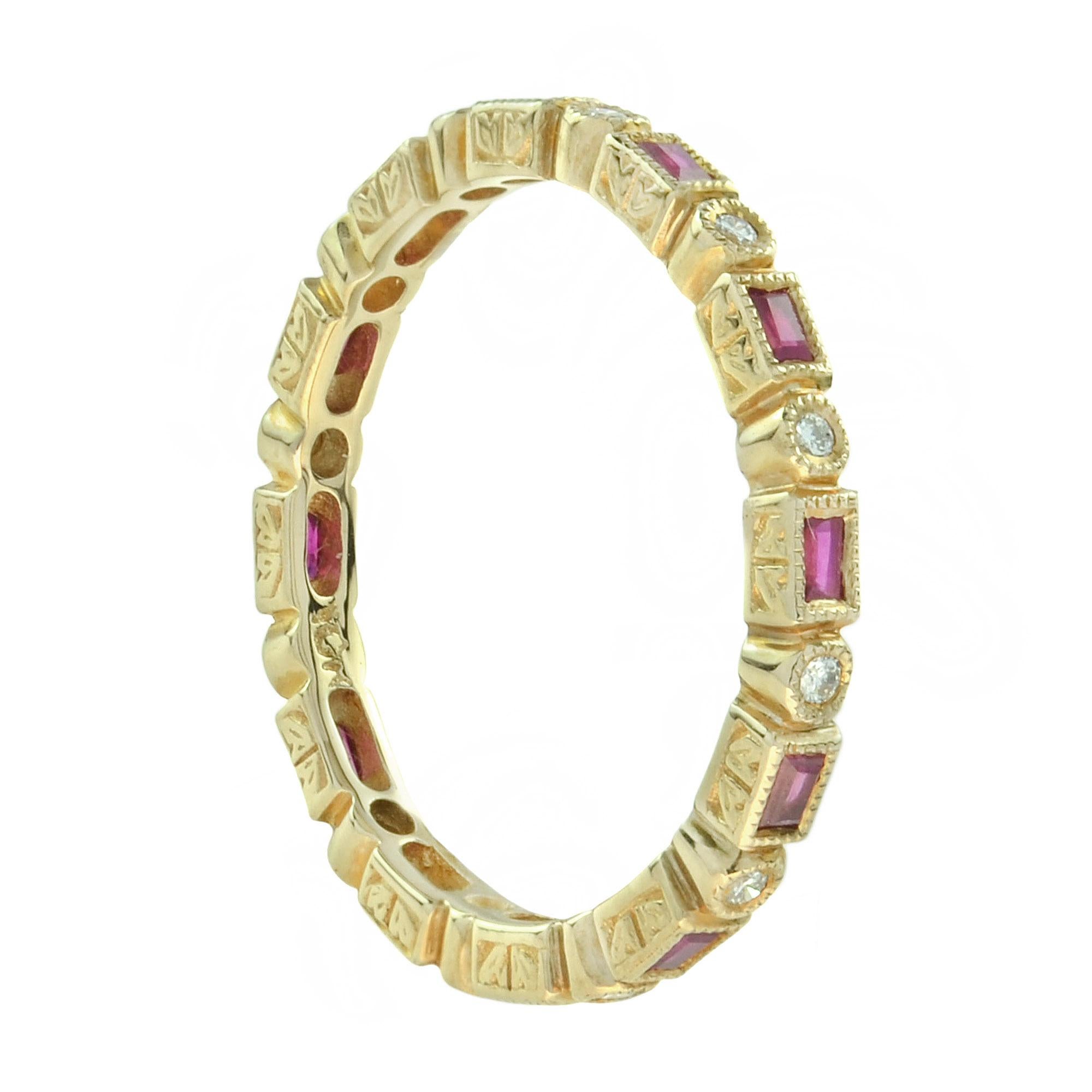 For Sale:  Art Deco Style Alternate Ruby and Diamond Eternity Ring in 10K Yellow Gold 5