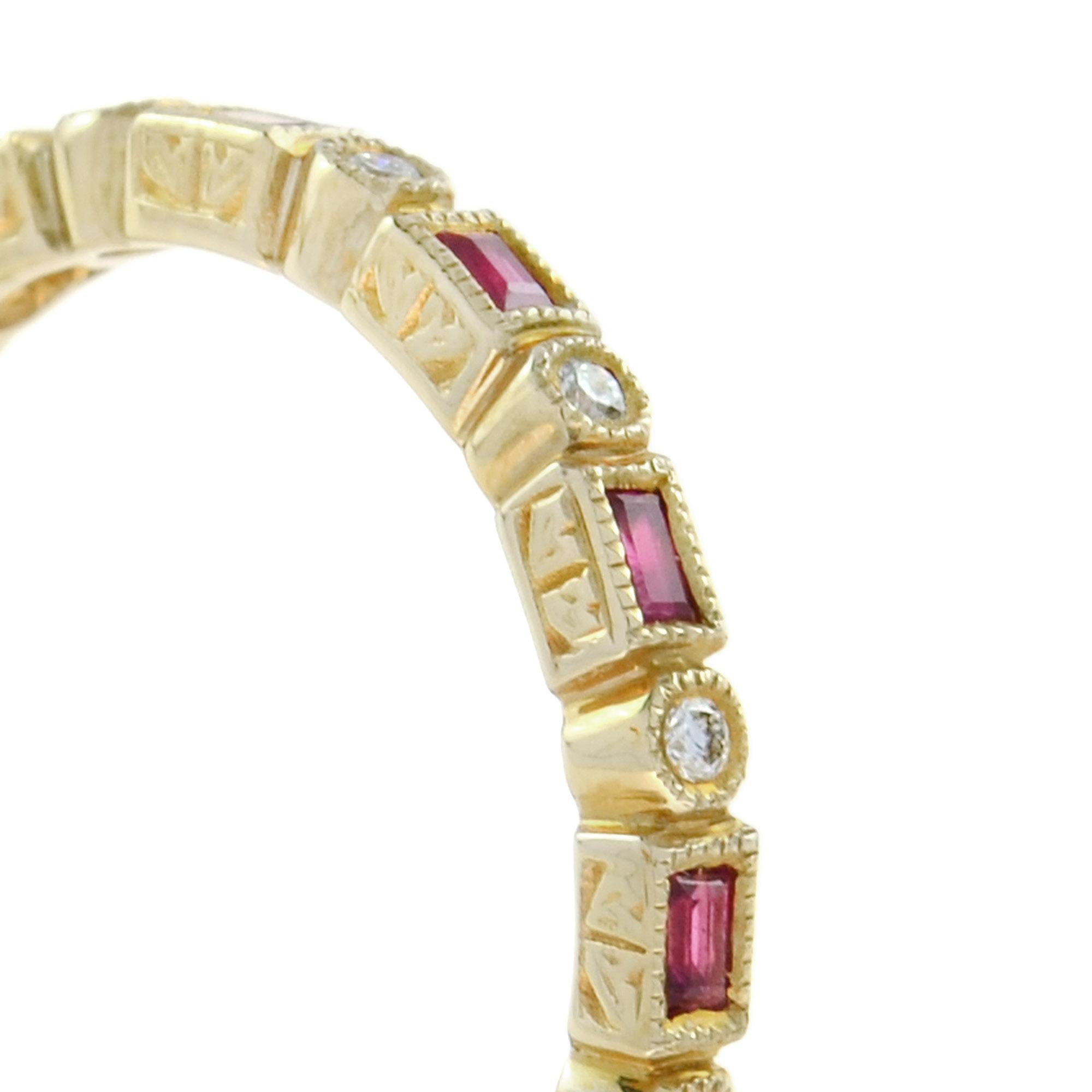 For Sale:  Art Deco Style Alternate Ruby and Diamond Eternity Ring in 10K Yellow Gold 7