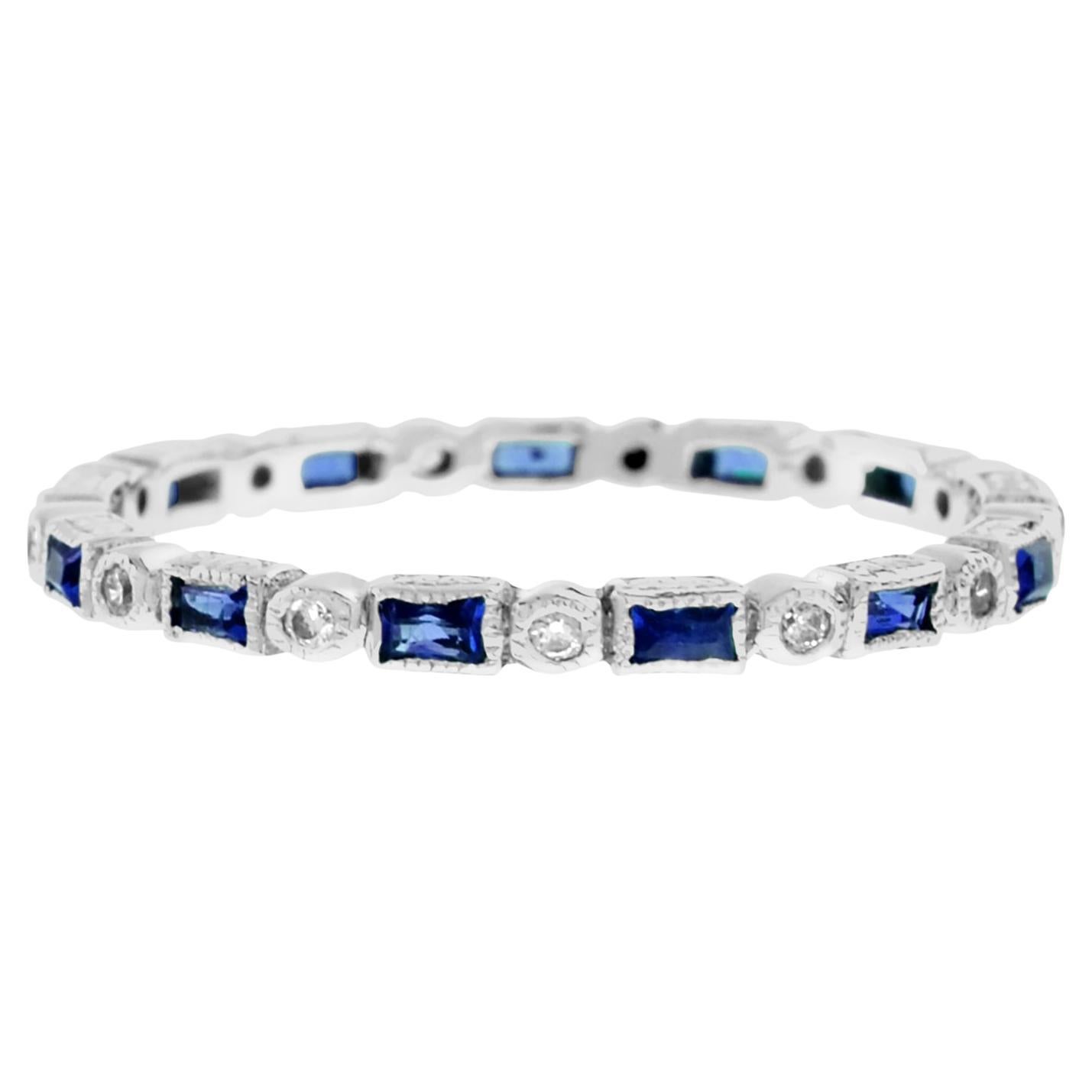 Alternate Sapphire and Diamond Art Deco Style Eternity Ring in 14K White Gold