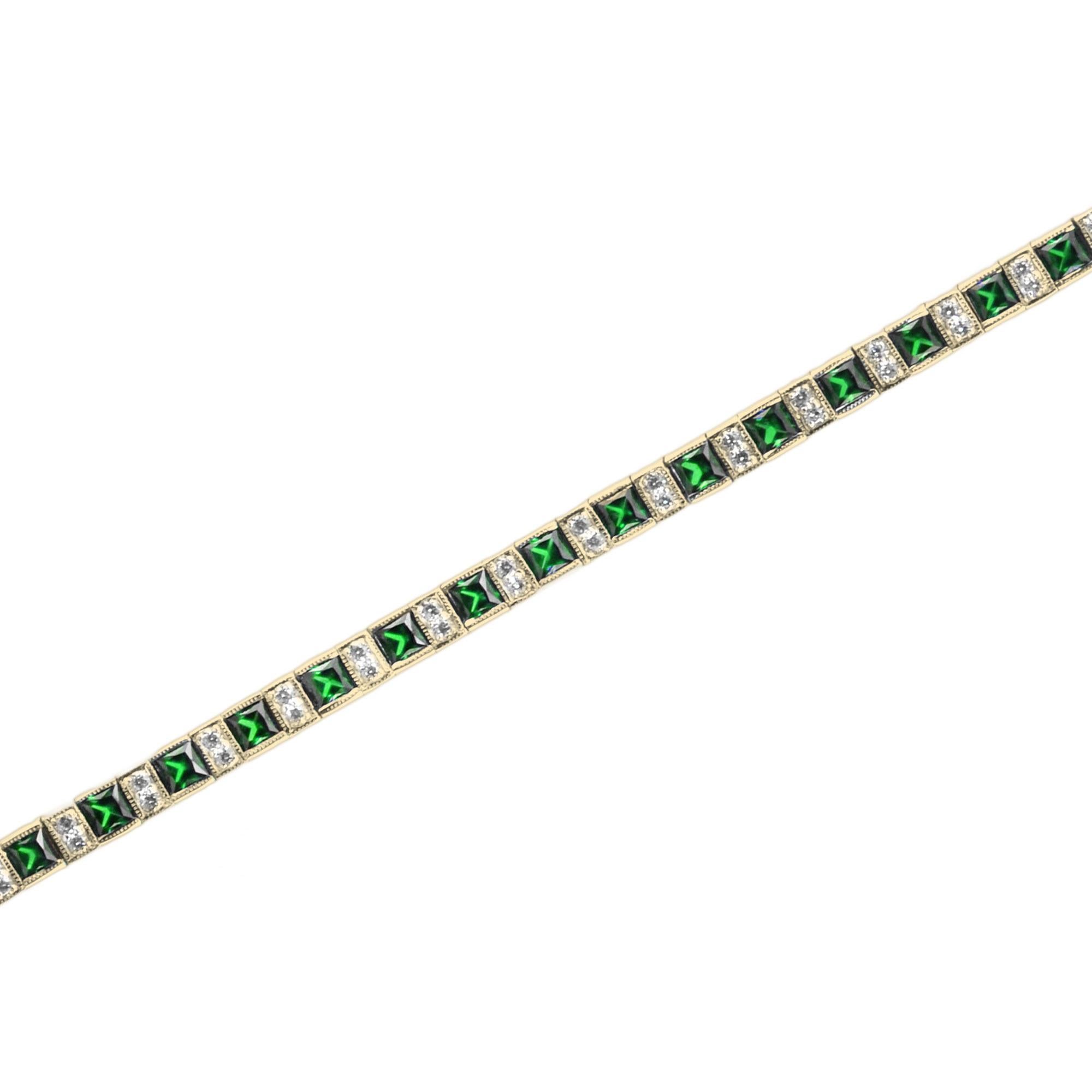 Square Cut Art Deco Style Alternated Square Emerald and Diamond Bracelet in 14K Yellow Gold For Sale