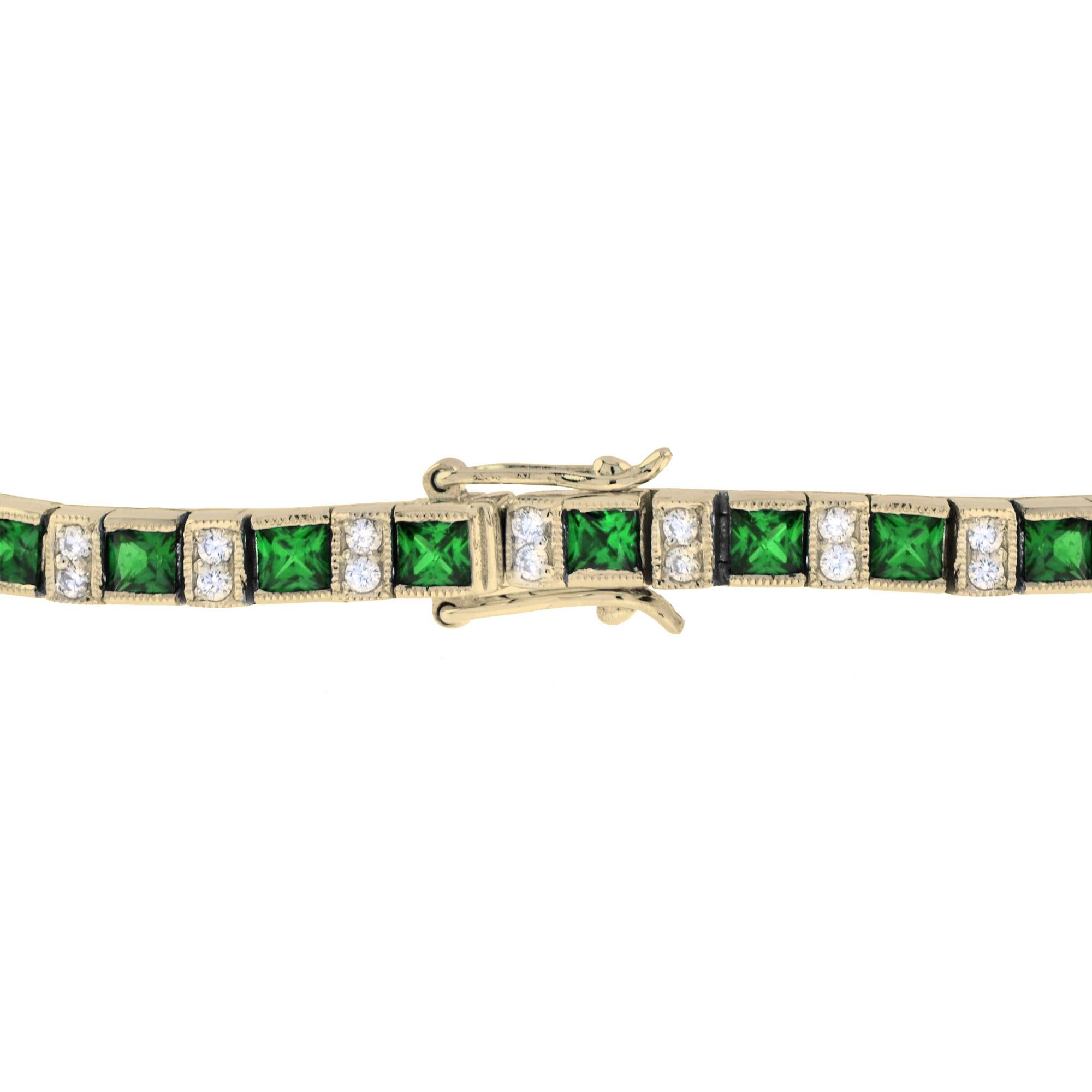 Art Deco Style Alternated Square Emerald and Diamond Bracelet in 14K Yellow Gold In New Condition For Sale In Bangkok, TH