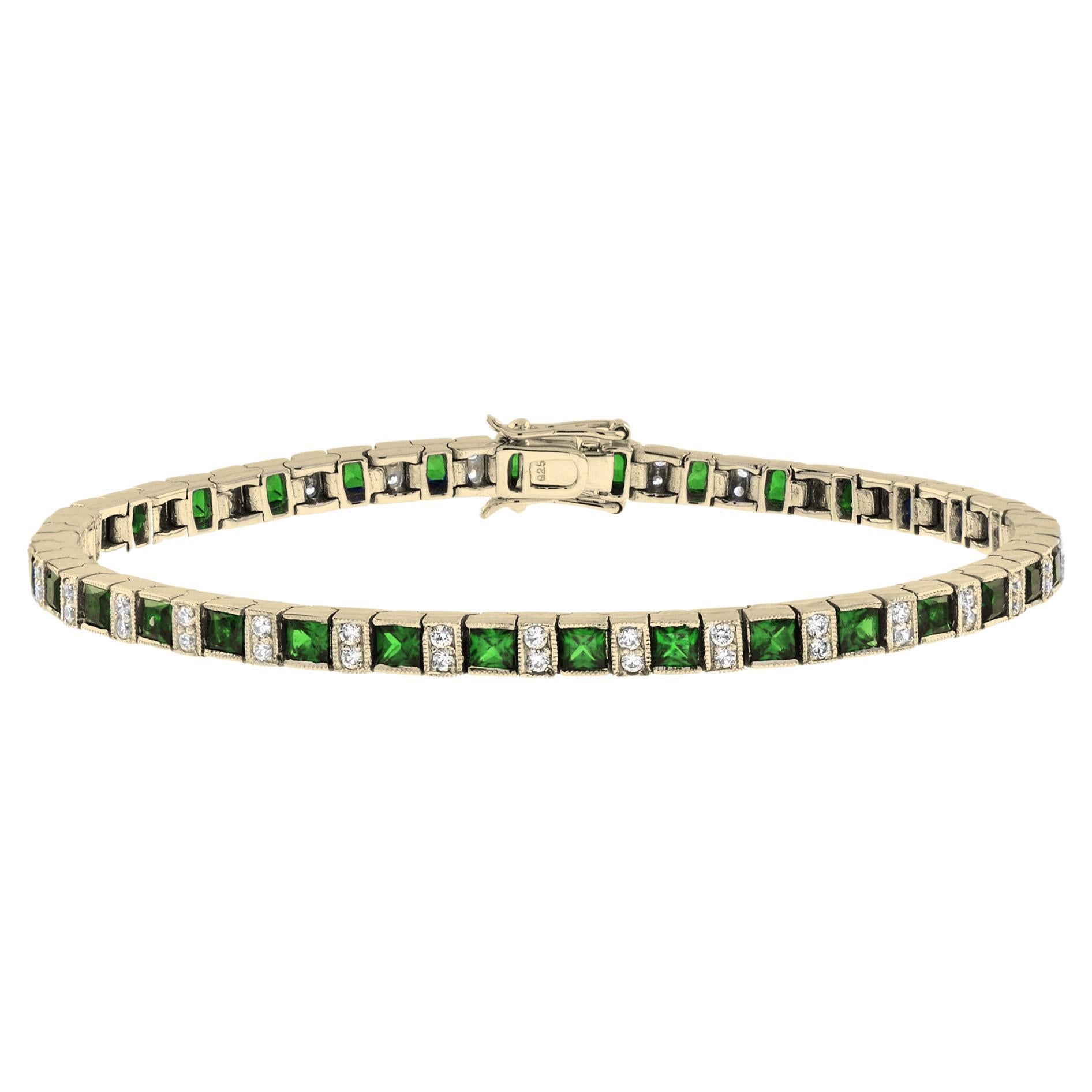 Art Deco Style Alternated Square Emerald and Diamond Bracelet in 14K Yellow Gold For Sale