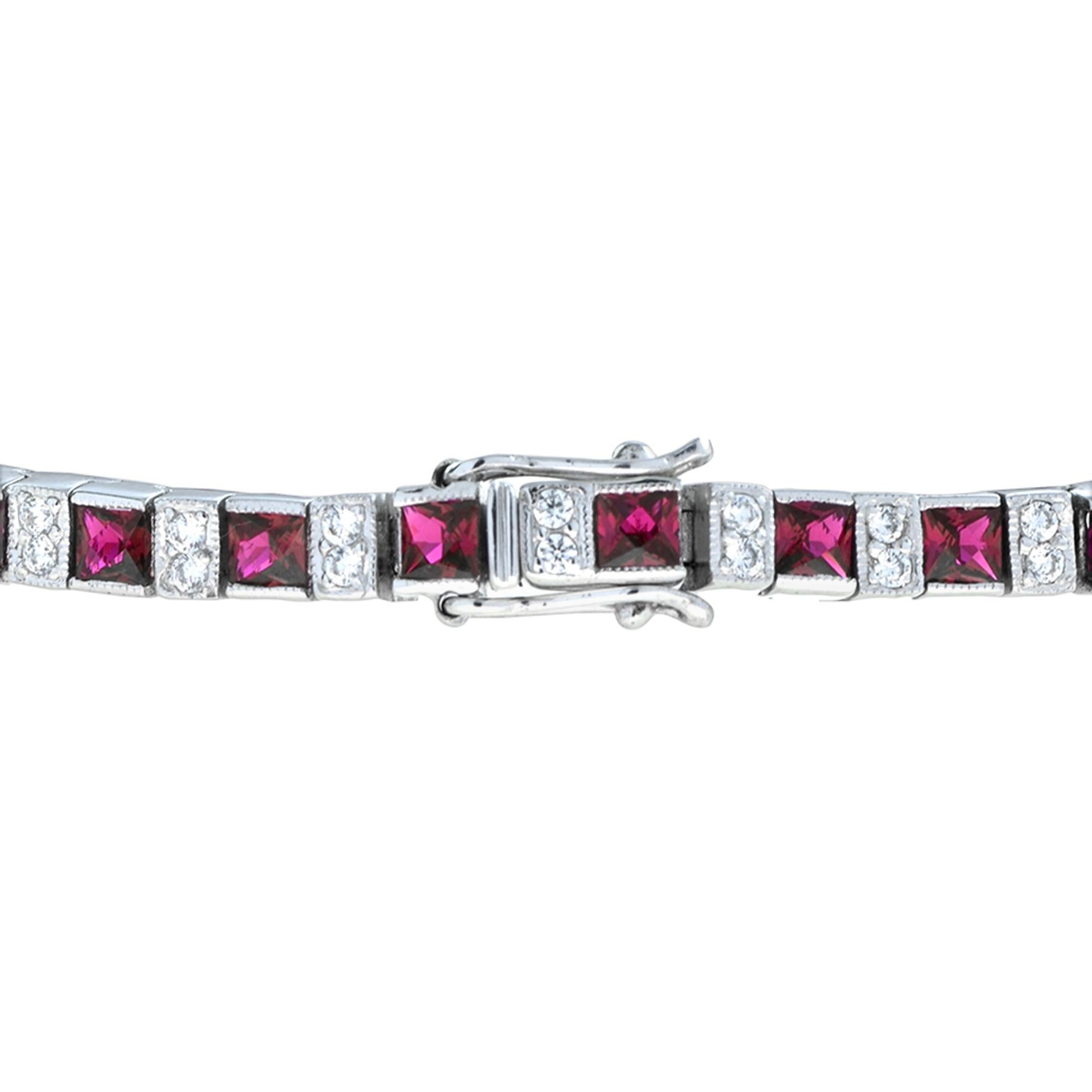 Square Cut Art Deco Style Alternated Square Ruby and Diamond White Gold Bracelet For Sale
