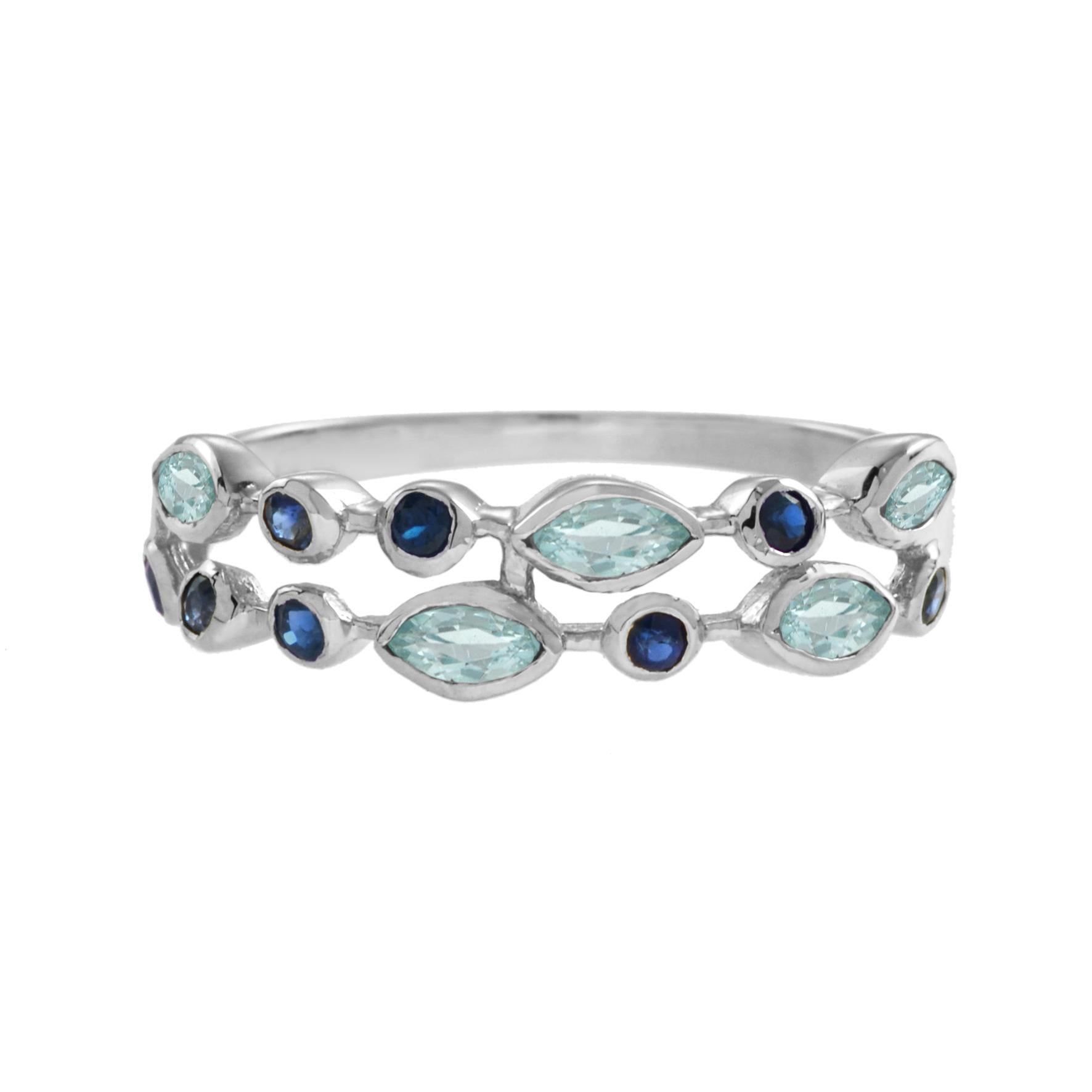 For Sale:  Double Row Aquamarine and Sapphire Eternity Ring in 14K White Gold 2