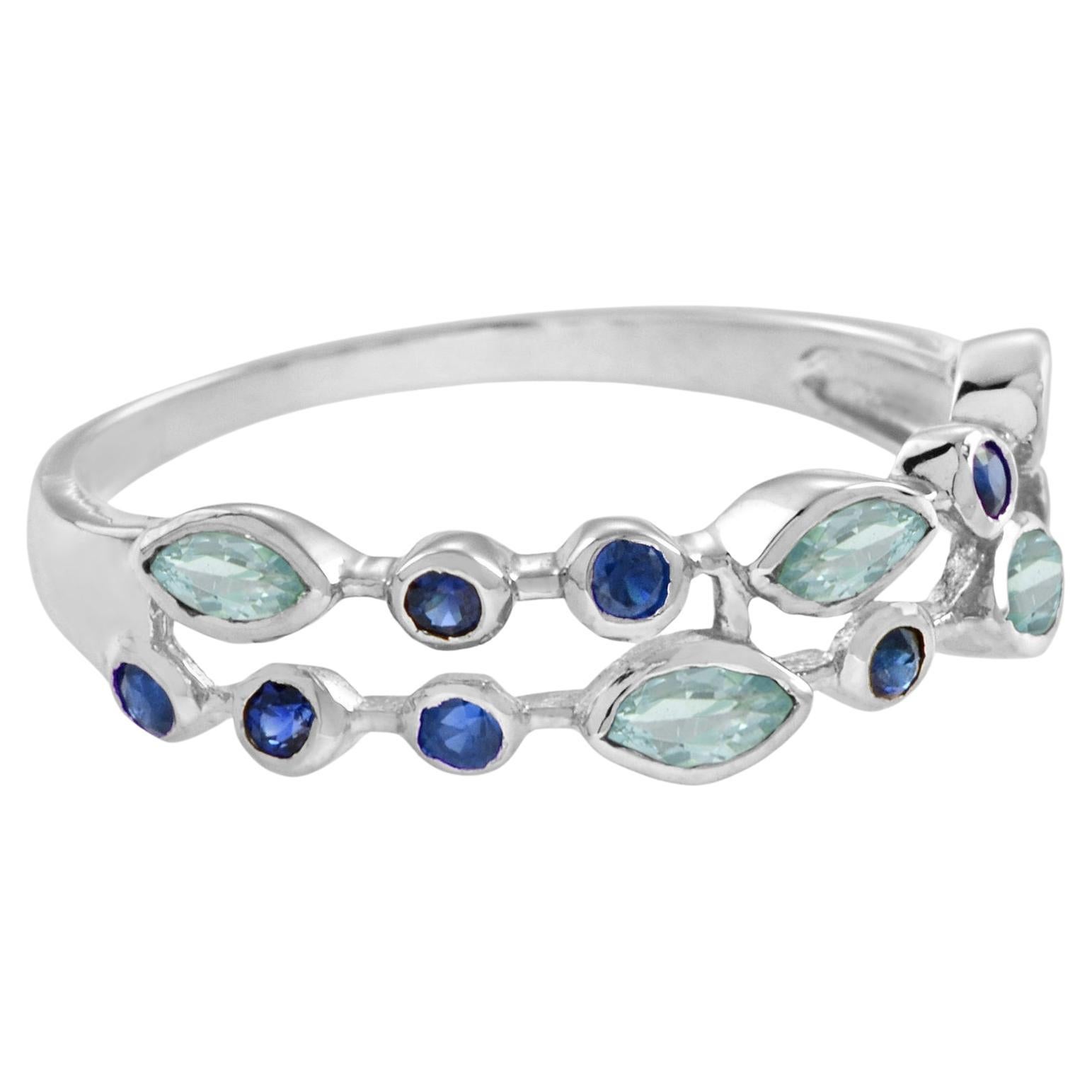 Double Row Aquamarine and Sapphire Eternity Ring in 14K White Gold