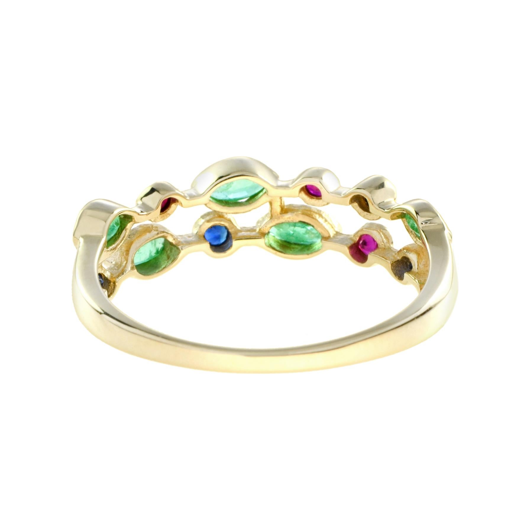 For Sale:  Double Row Emerald, Ruby and Sapphire Eternity Ring in 14K Yellow Gold 6