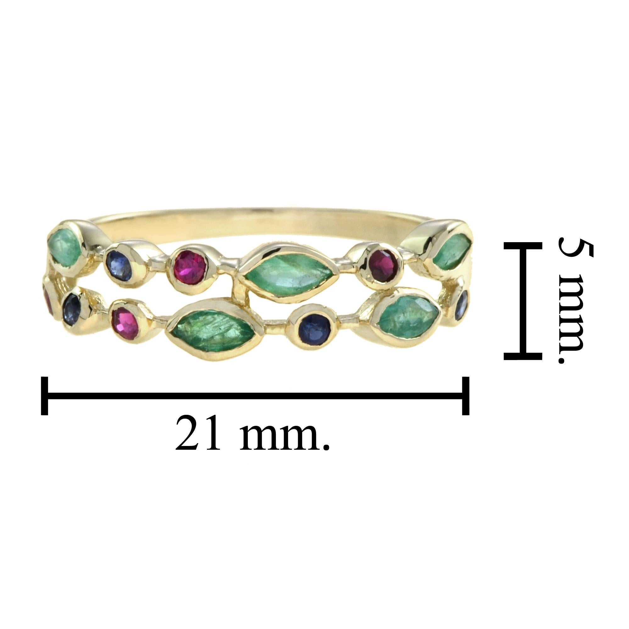 For Sale:  Double Row Emerald, Ruby and Sapphire Eternity Ring in 14K Yellow Gold 8