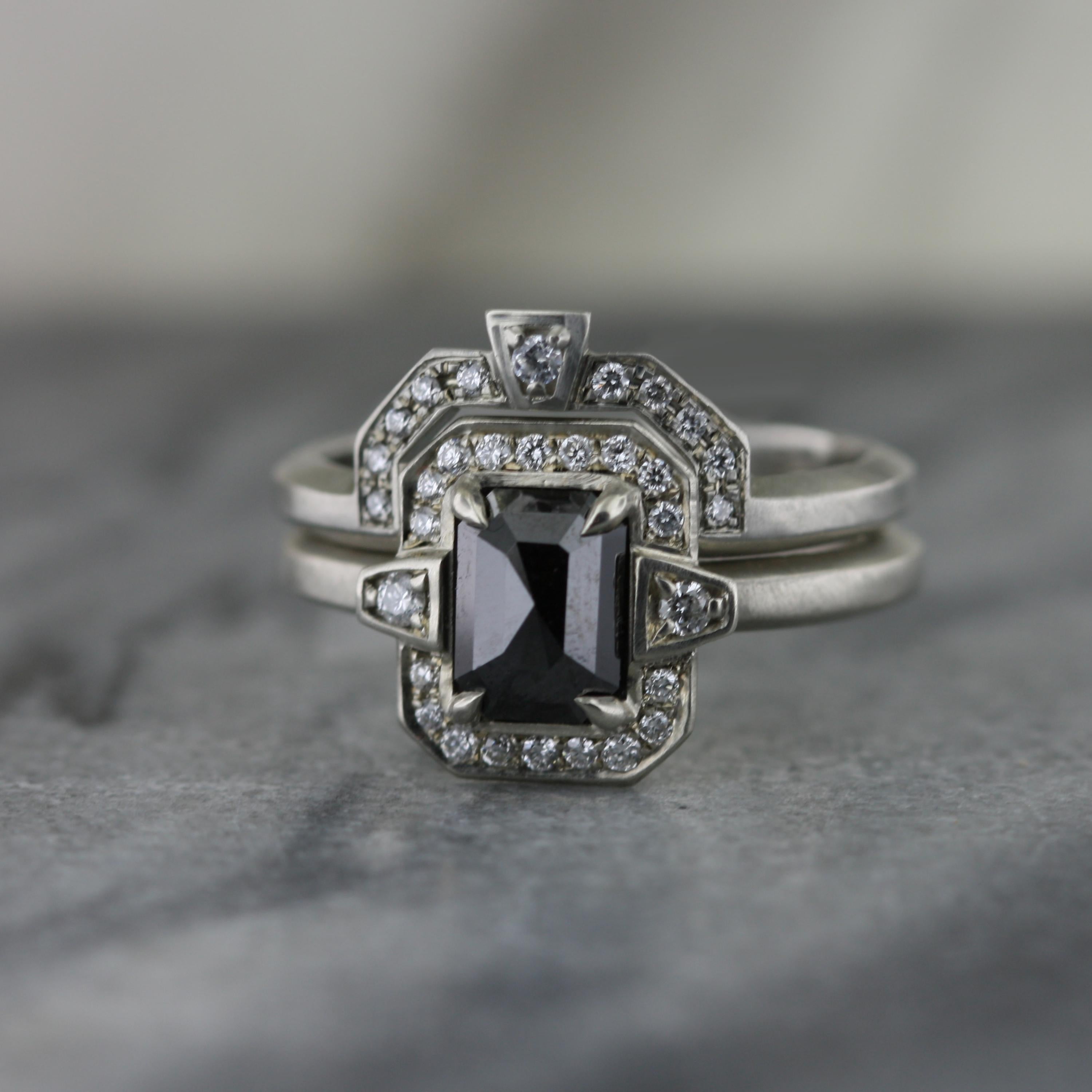 Contemporary Aimee Kennedy, 1 Carat Rose Cut Black Diamond Halo Ring Set For Sale