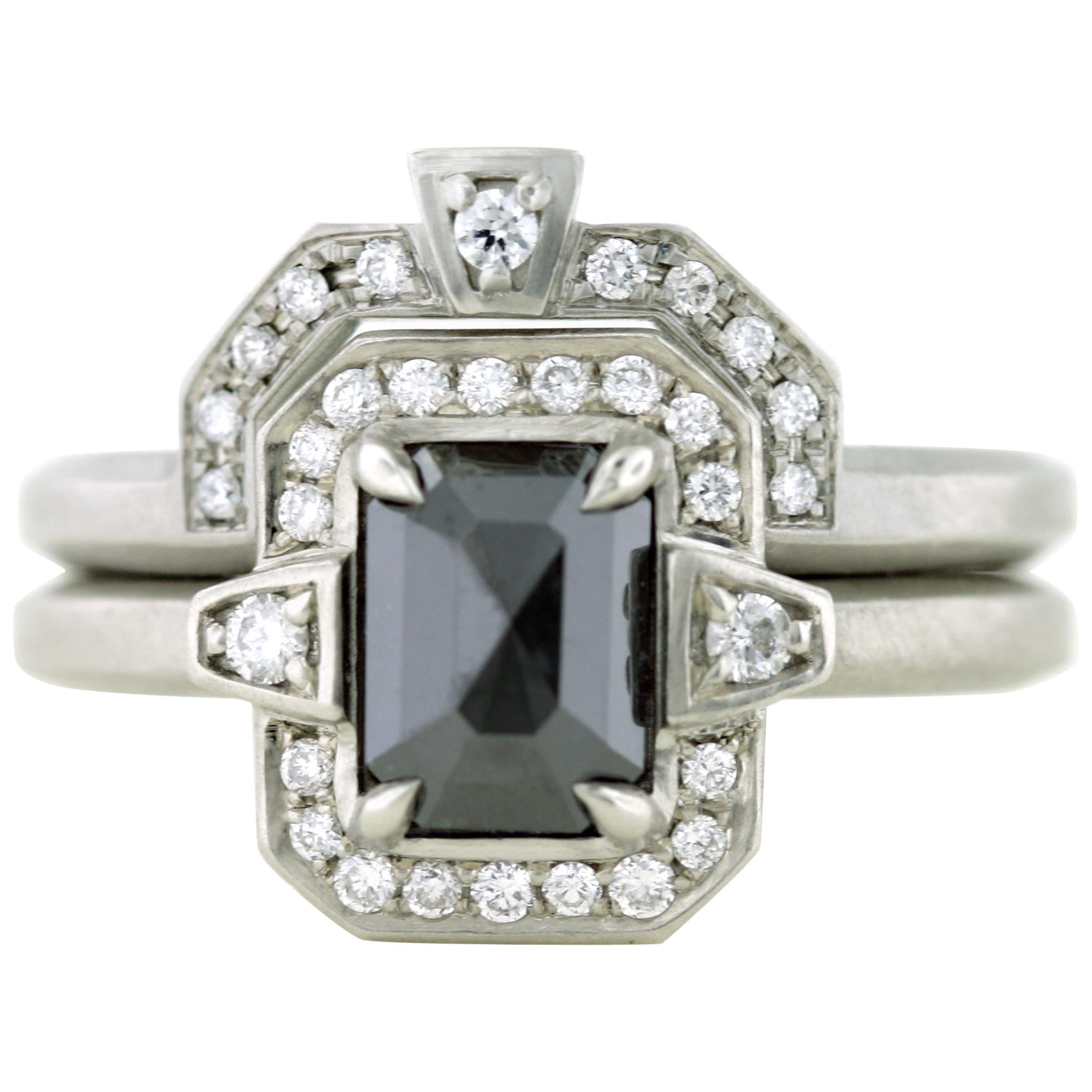 Aimee Kennedy, 1 Carat Rose Cut Black Diamond Halo Ring Set For Sale