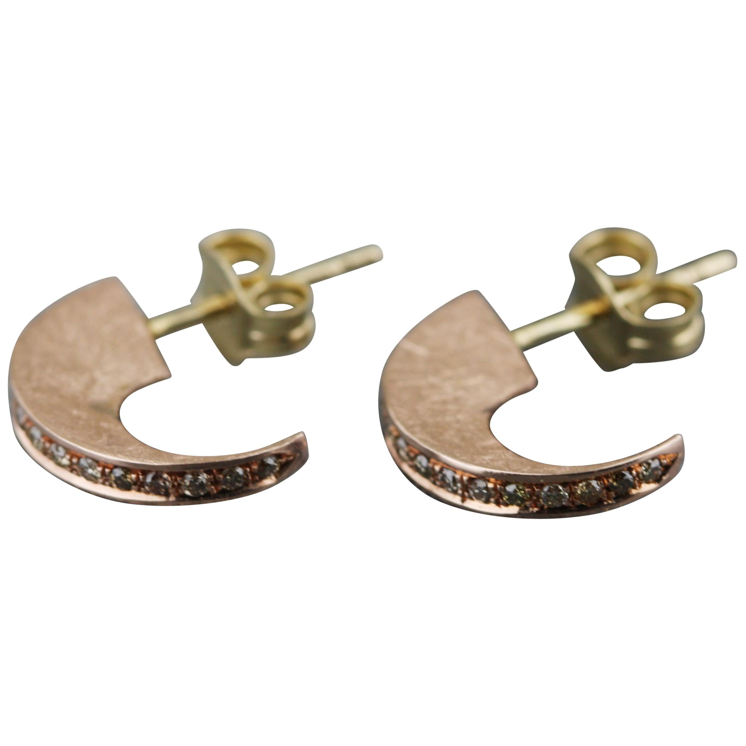 Aimee Kennedy, Champagne Diamonds Pave Edge 14 Karat Rose Gold Stud Hoops For Sale