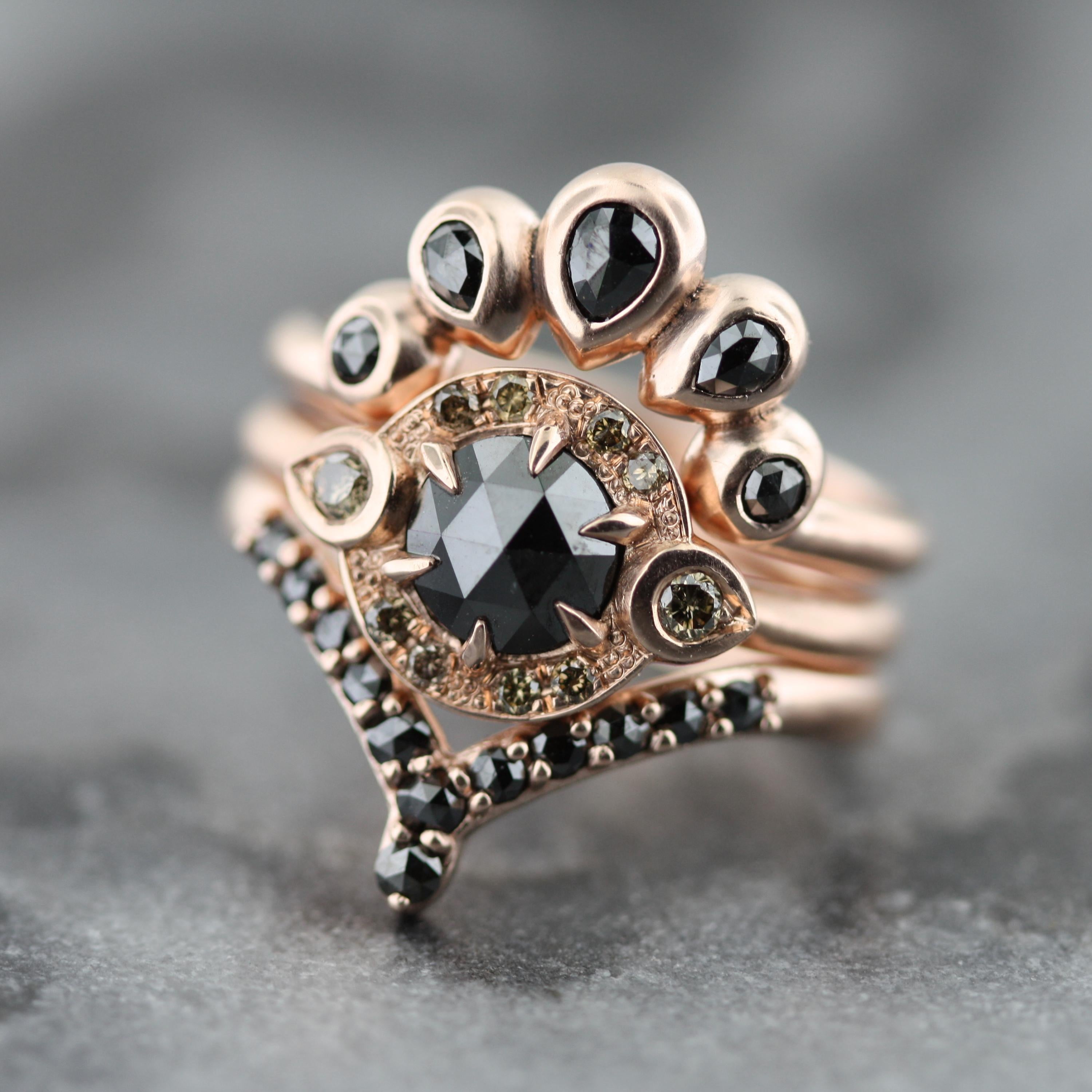 Modern edgy Art Deco inspired ring stack. Over 1 carat of black and champagne diamonds glitter in this 14K rose gold 3 ring set. 

- Finger size 6.5
- Available for customization
- Appraisals included