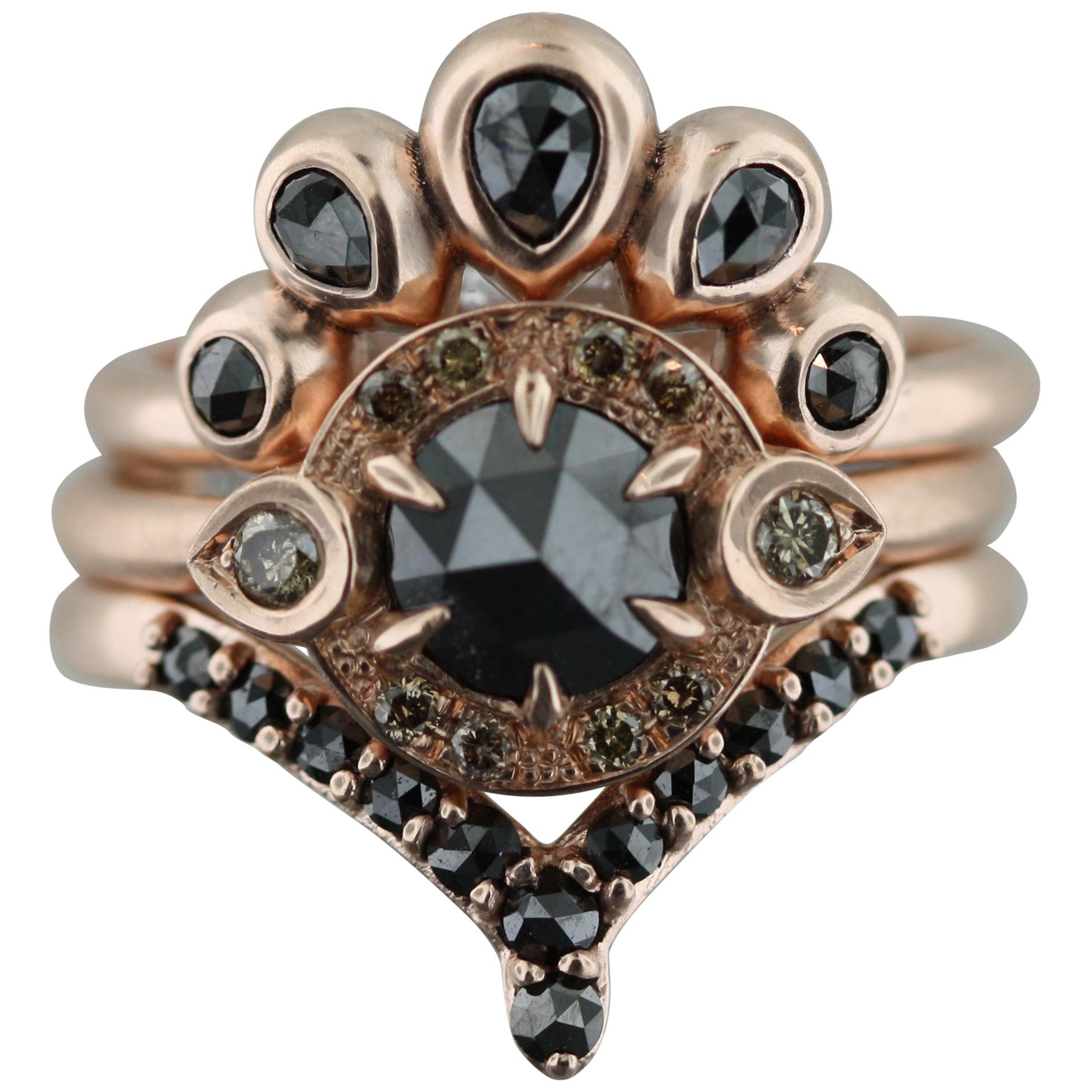 Aimee Kennedy, Rose Cut Black and Champagne Diamond Halo Stack in Rose Gold For Sale