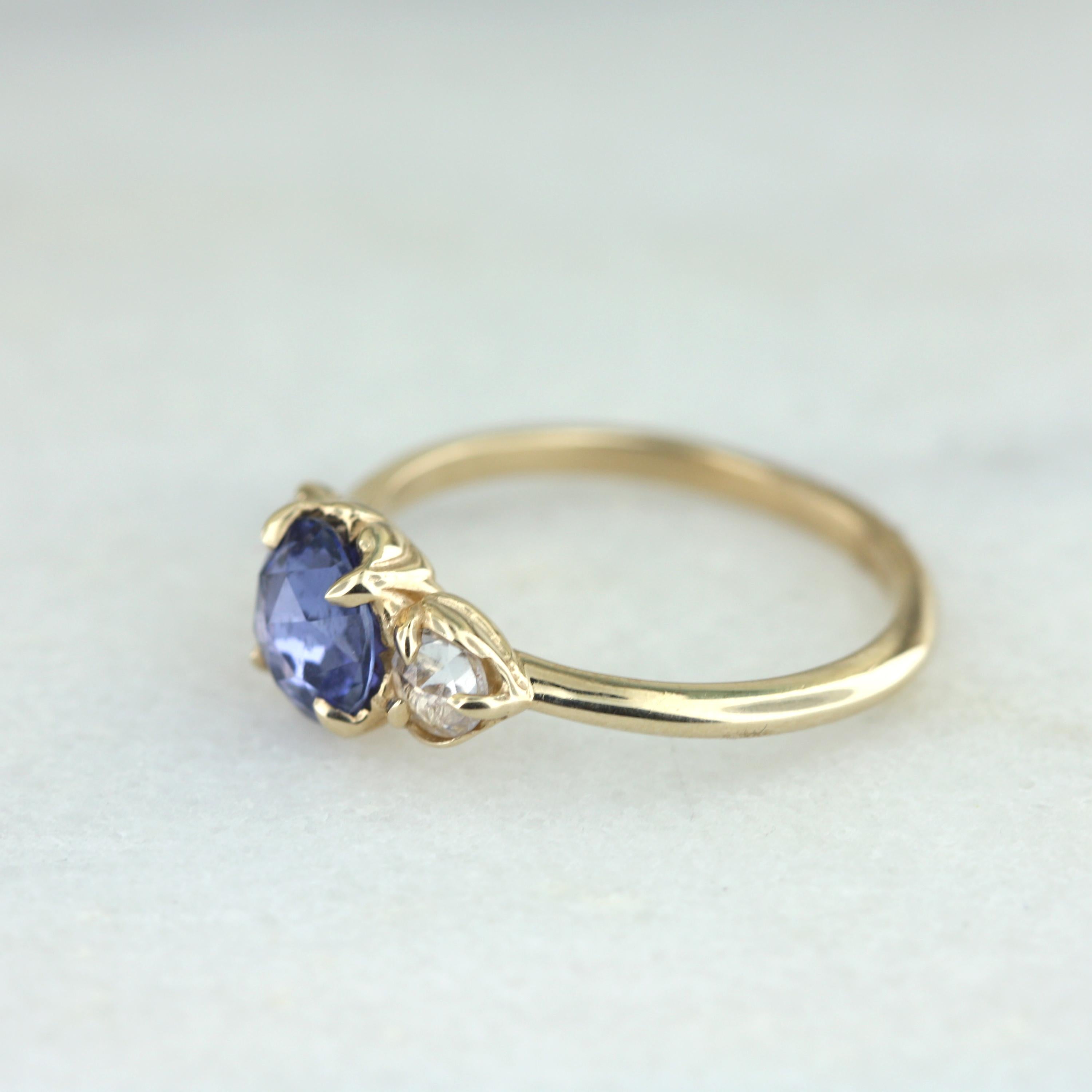 Contemporary Aimee Kennedy, Rose Cut Blue Sapphire 3-Stone Ring with Leaf Detail For Sale