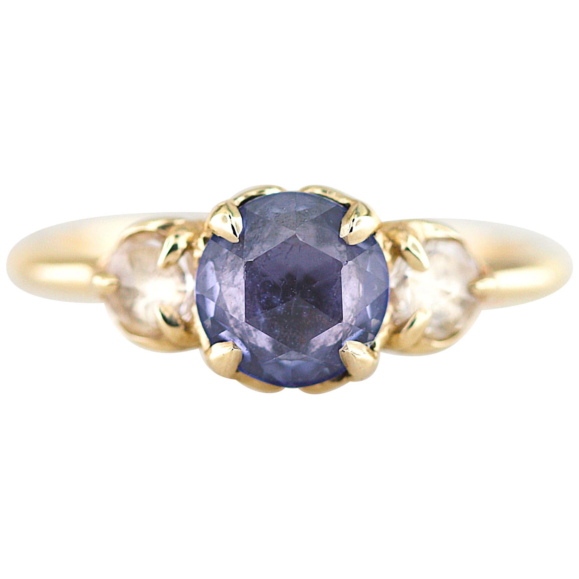 Aimee Kennedy, Rose Cut Blue Sapphire 3-Stone Ring with Leaf Detail For Sale