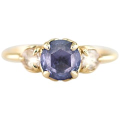 Aimee Kennedy, Rose Cut Blue Sapphire 3-Stone Ring with Leaf Detail