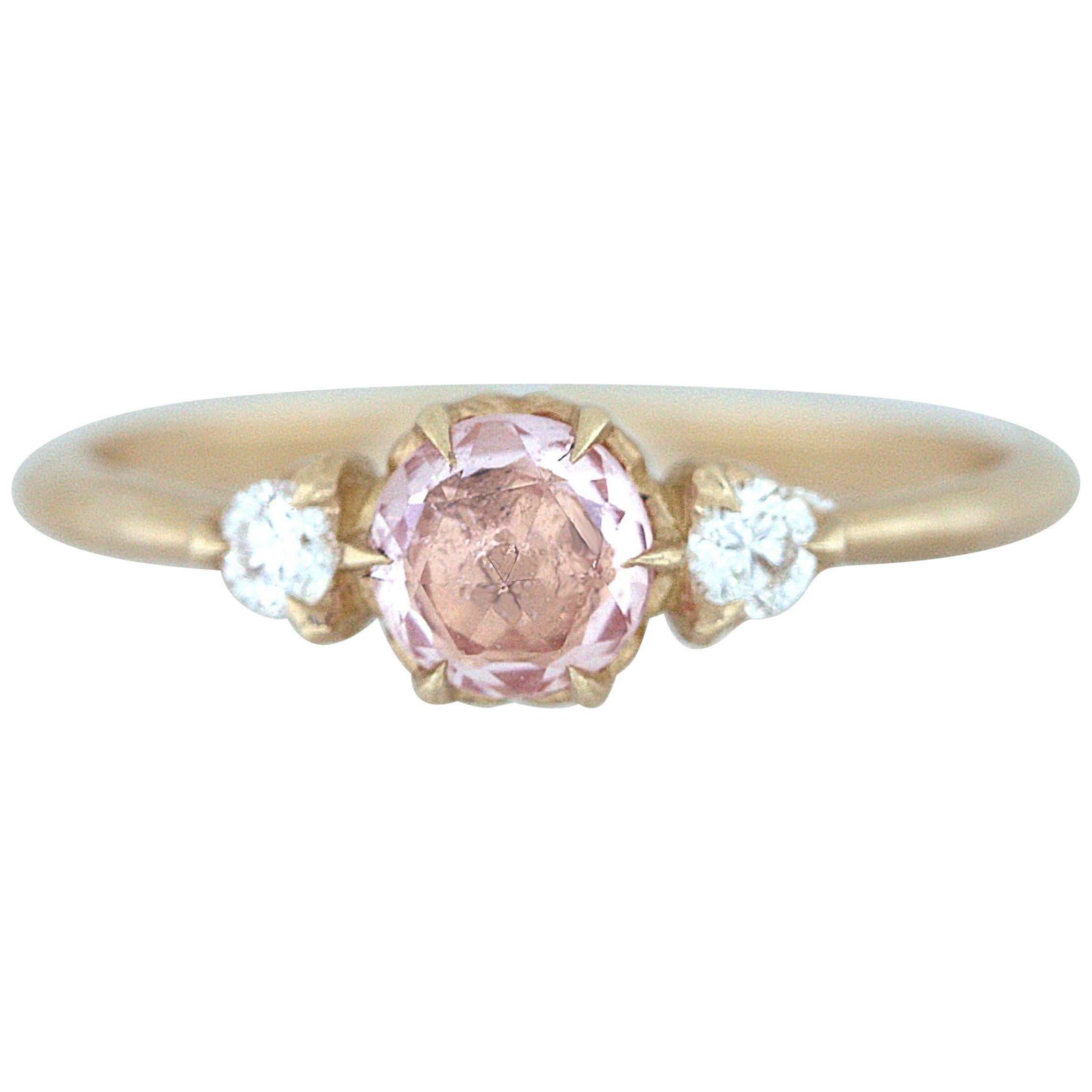 Aimee Kennedy, Rose Cut Padparadscha Sapphire and Diamond Ring with Leaf Detail For Sale